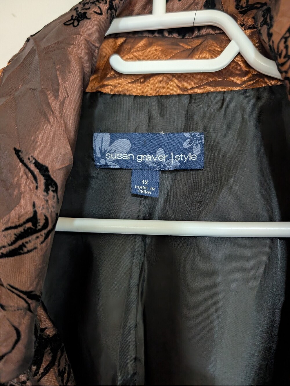 Susan Graver 1X Moody Floral Blazer Copper & Espresso Shimmer Jacket Open-Front - Picture 3 of 9